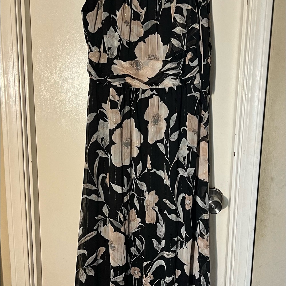 SLNY Black and Cream Floral Strapless Dress